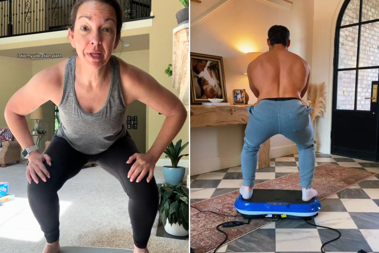 Side by side images of two people standing on a vibration plate.