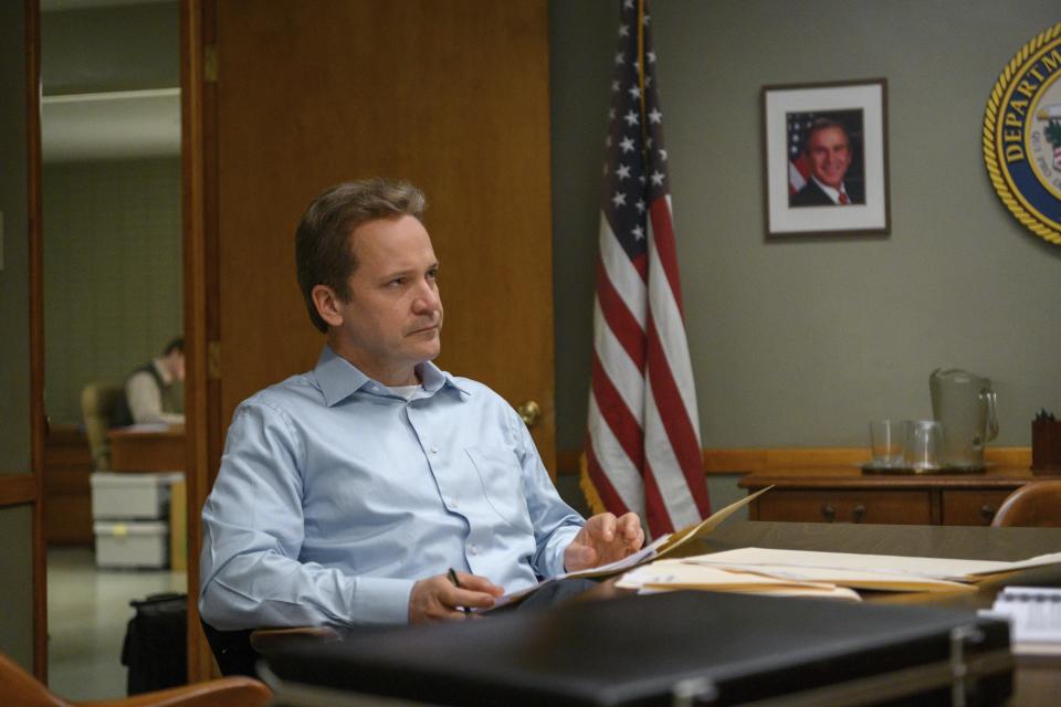 This image released by Hulu shows Peter Sarsgaard in a scene from "Dopesick," an eight-part miniseries about America’s opioid crisis, premiering Wednesday with three episodes. (Gene Page/Hulu via AP)