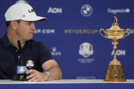 USA's Captain Zach Johnson attends a press conference at the Marco Simone Golf Club in Guidonia Montecelio, Monday, Sept. 25, 2023. The Marco Simone Club on the outskirts of Rome will host the 44th edition of The Ryder Cup, the biennial competition between Europe and the United States headed to Italy for the first time. (AP Photo/Gregorio Borgia)