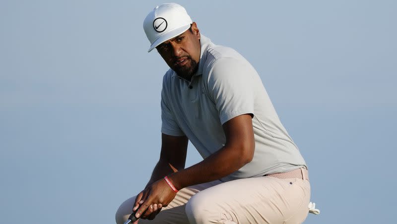 Tony Finau reacts after putting on the first day of the British Open Golf Championships at the Royal Liverpool Golf Club in Hoylake, England, Thursday, July 20, 2023. Finau shot a 4-over 75 in the second round and will not advance to the weekend.