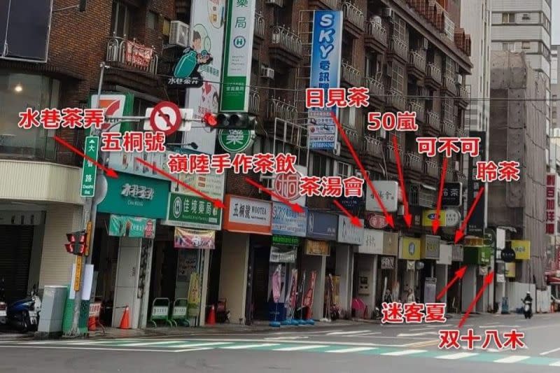 ▲台中這條街上開了10間不同品牌的手搖飲店。（圖／激動姐 地表最強綠葉 臉書）