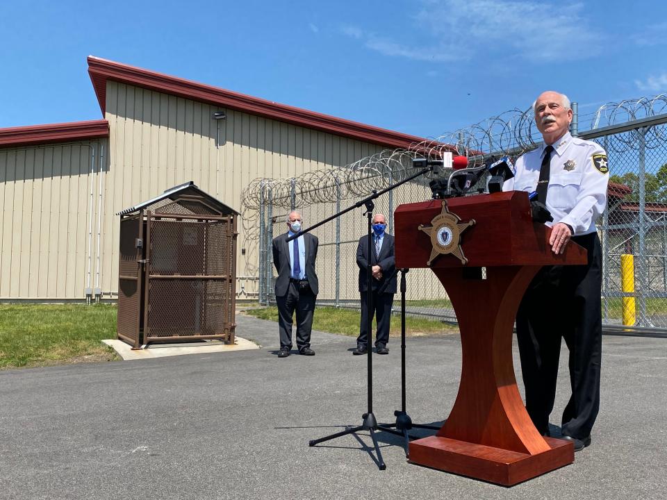 In this Standard Times file photo, Bristol County Sheriff Thomas Hodgson is seen at a press conference on May 21, 2021, one day after the Department of Homeland Security ordered ICE to terminate its contract with the local sheriff's office.