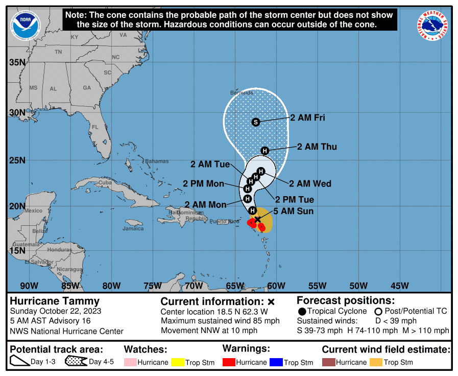 The National Hurricane Center shows the location of Hurricane Tammy at 5 a.m. on October 22, 2023