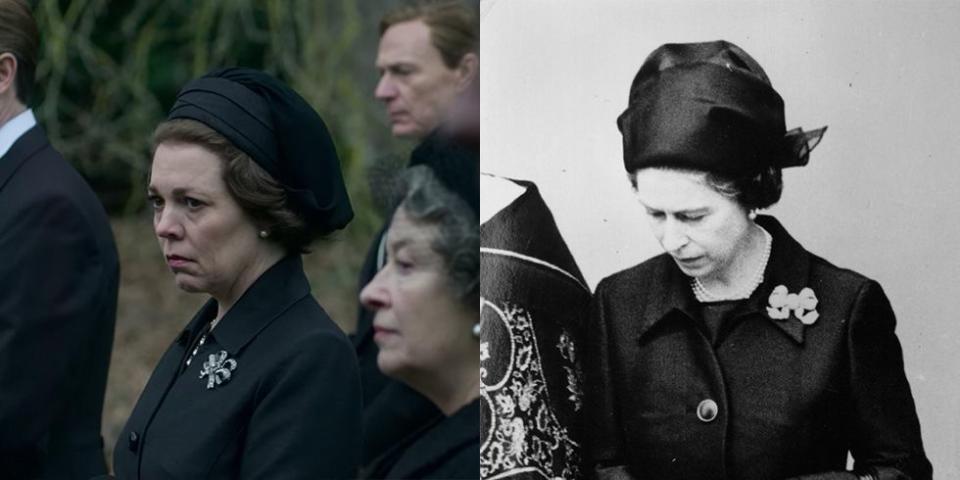 <p>The royal family had a complicated relationship with the Duke of Windsor, but when he passed away in 1972, he was buried on the grounds of the Windsor Estate. Queen Elizabeth wore a simple black coat dress, diamond ribbon brooch and fascinator for the funeral in real-life and in season 3.</p>