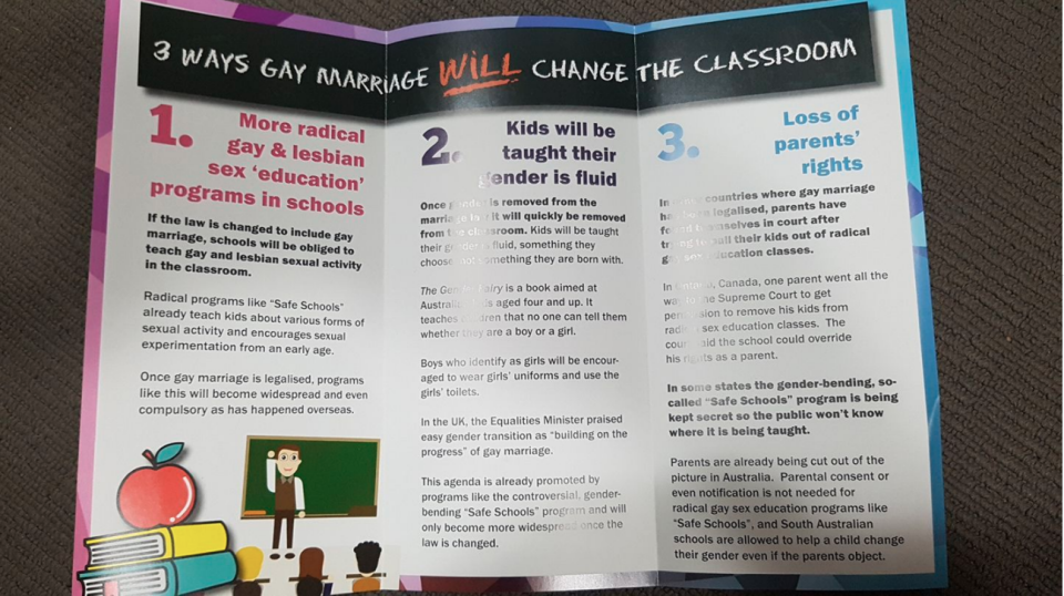 It comes after a teacher slammed the pamphlet for claiming teachers will change how they teach in the classroom if people were to vote ‘yes’. Photo: Facebook