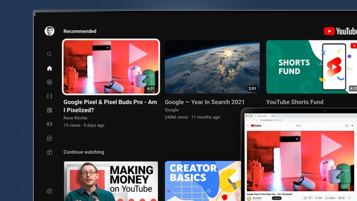  A TV screen on a blue background showing the YouTube homepage 