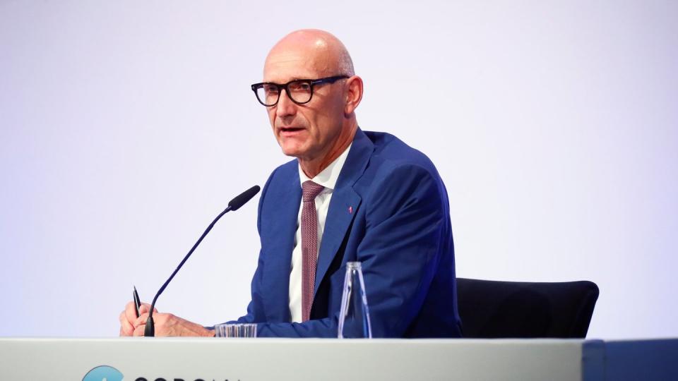 Timotheus Höttges, Vorstandsvorsitzender des deutschen Telekommunikationsriesen Deutsche Telekom AG, nimmt an der Präsentation der offiziellen Corona-Warn-App teil.