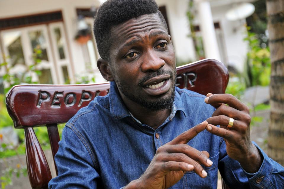 <p>‘Whatever is being declared is a total sham’: Bobi Wine, pictured in March 2020, says the election has been rigged</p> (AP)