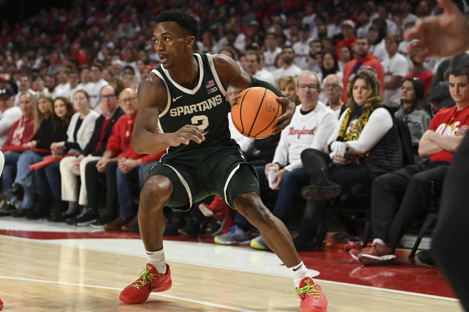 Jan 21, 2024; College Park, Maryland, USA; Michigan State Spartans guard Tyson Walker (2) looks too move the ball during the first half against the Maryland Terrapins at Xfinity Center. Mandatory Credit: Tommy Gilligan-USA TODAY Sports