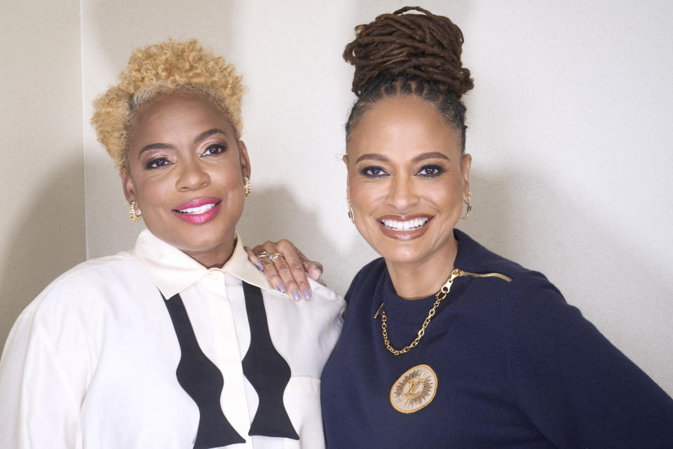 Aunjanue Ellis-Taylor, left, and director Ava DuVernay pose for a portrait to promote the film "Origin" on Tuesday, Dec. 5, 2023, in Beverly Hills, Calif. (AP Photo/Damian Dovarganes)