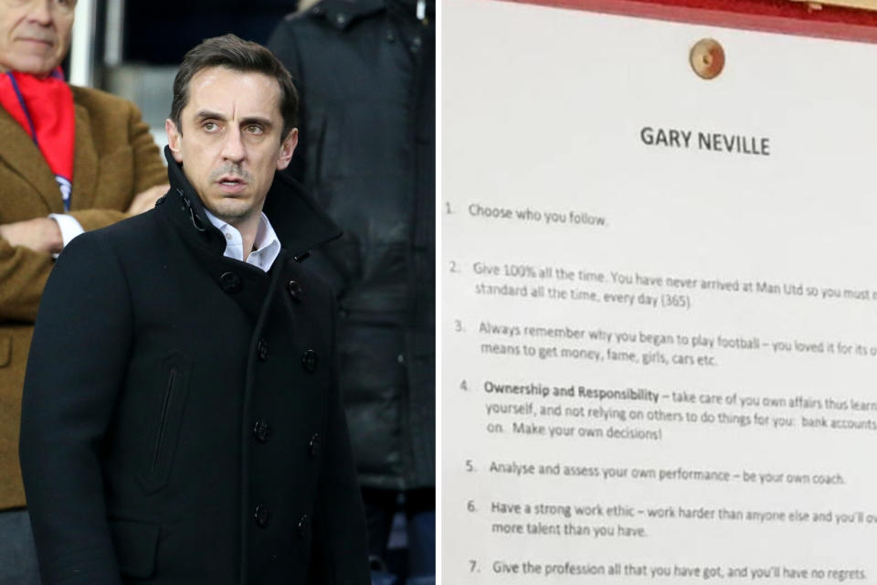 Gary Neville’s advice is pinned up on the academy wall at Manchester United