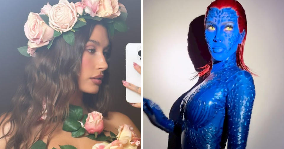 L: Hailey Bieber in floral Halloween costume. R: Kim Kardashian as Mystique