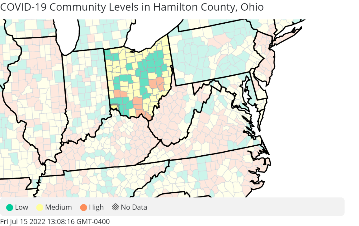 Seven local counties, including Hamilton County, have been upgraded to medium COVID-19 community level by the Centers for Disease Control Prevention.