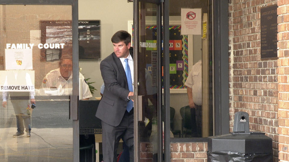 Third Judicial Circuit Assistant Public Defender King Cutter leaves the Clarendon County Magistrate’s Court building following his court hearing on Nov. 15, 2023. Cutter would not answer whether he was under the influence when he crashed his golf cart on a county road on June 11, 2023. (WJZY Photo/Ryan Miloff)