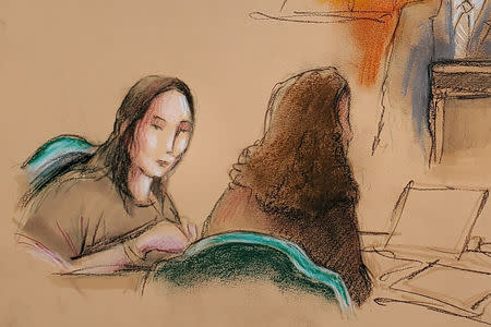 FILE PHOTO: Yujing Zhang (L), charged with bluffing her way into President Donald Trump's Florida resort, appears at her hearing at the U.S. federal court in this courtroom sketch, in West Palm Beach, Florida, U.S., April 8, 2019. REUTERS/Daniel Pontet