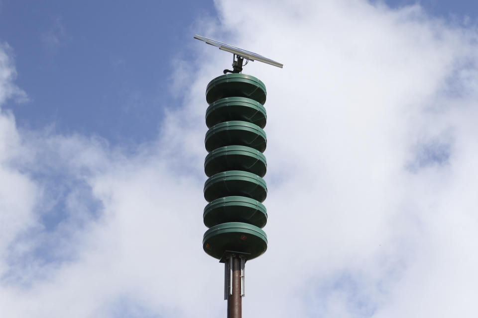 FILE - A Hawaii Civil Defense Warning Device, which sounds an alert siren during natural disasters, is seen in Honolulu on Nov. 29, 2017. A Cold War-era law in Hawaii that allows authorities to impose sweeping restrictions on press freedoms and electronic communications during a state of emergency could soon be repealed by lawmakers after concerns about its constitutionality and potential misuse in an era of increasing polarization. (AP Photo/Caleb Jones, File)