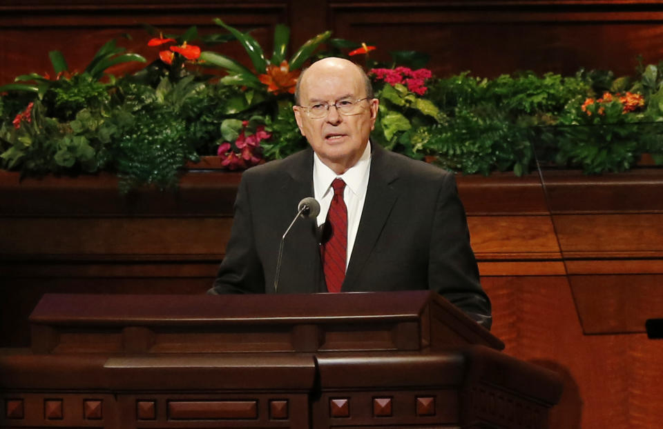 Quentin L. Cook, a member of a Mormon leadership group called the Quorum of the Twelve Apostles, speaks during the twice-annual conference of The Church of Jesus Christ of Latter-day Saints Saturday, Oct. 6, 2018, in Salt Lake City. (AP Photo/Rick Bowmer)