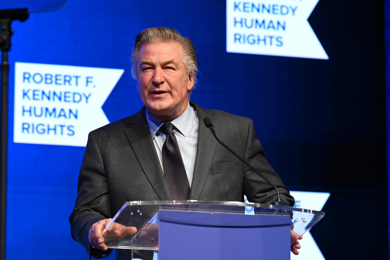 NEW YORK, NEW YORK - DECEMBER 09: Alec Baldwin speaks onstage during the 2021 Robert F. Kennedy Human Rights Ripple of Hope Award Gala on December 09, 2021 in New York City. (Photo by Slaven Vlasic/Getty Images)