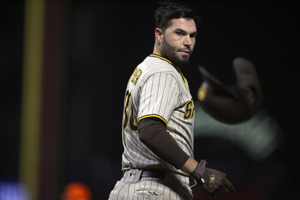 San Diego Padres' Eric Hosmer tosses his batting helmet after striking out to end the top of the sixth inning of the team's baseball game against the San Francisco Giants, Tuesday, Sept. 14, 2021, in San Francisco. (AP Photo/D. Ross Cameron)