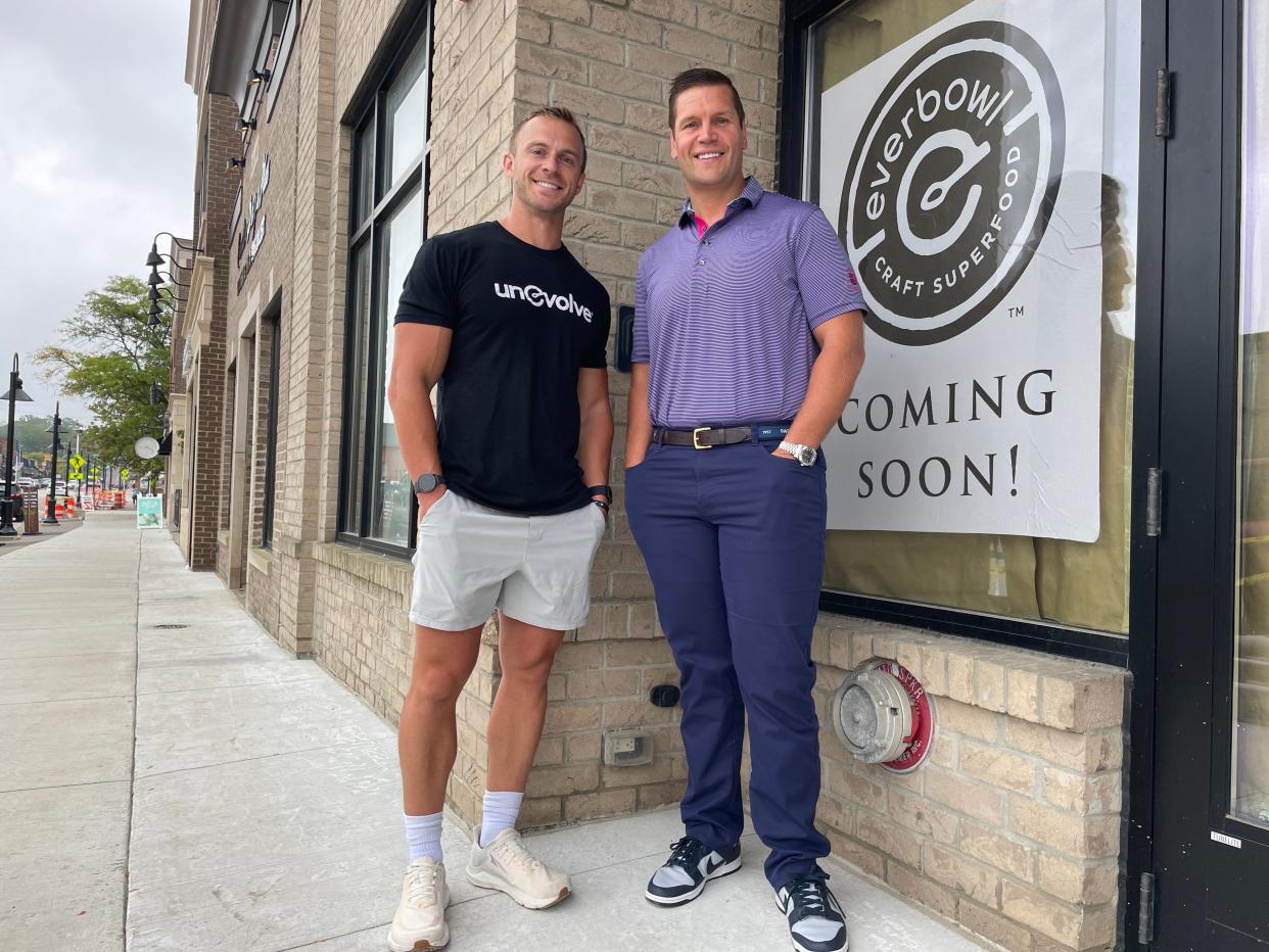 From left, co-owners Chris Triplett and Michael Foguth prepared to open an Everbowl eatery in downtown Brighton.