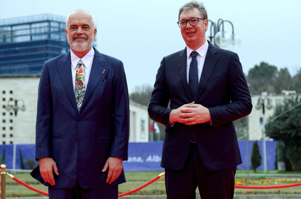 Albania's Prime Minister Edi Rama, left, and President of Serbia Alexandar Vucic attend the Higher Growth and Faster Convergence for the Western Balkans summit in Tirana on Feb. 29, 2024.