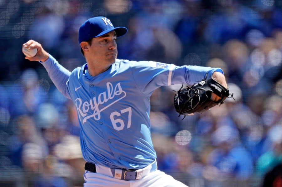 Kansas City Royals starting pitcher Seth Lugo throws during the first inning of a baseball game against the Baltimore Orioles Sunday, April 21, 2024, in Kansas City, Mo. (AP Photo/Charlie Riedel)