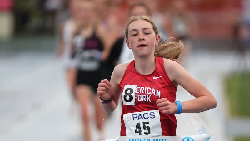 Skye Jensen, American Fork, wins the 3200m at the BYU Invitational in Provo on Friday, May 3, 2024.