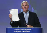 European Union's chief Brexit negotiator Michel Barnier gives a news conference after Brexit talks, in Brussels, Belgium, Friday, June 5, 2020. (Yves Herman, Pool Photo via AP)