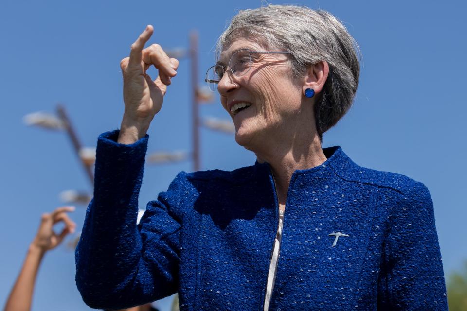 UTEP President Heather Wilson dances at a pep rally on campus on Wednesday, Aug. 30. She described her leadership style as "values-driven and mission-focused and people-oriented. If I do those three things, decisions tend to come out a little better."