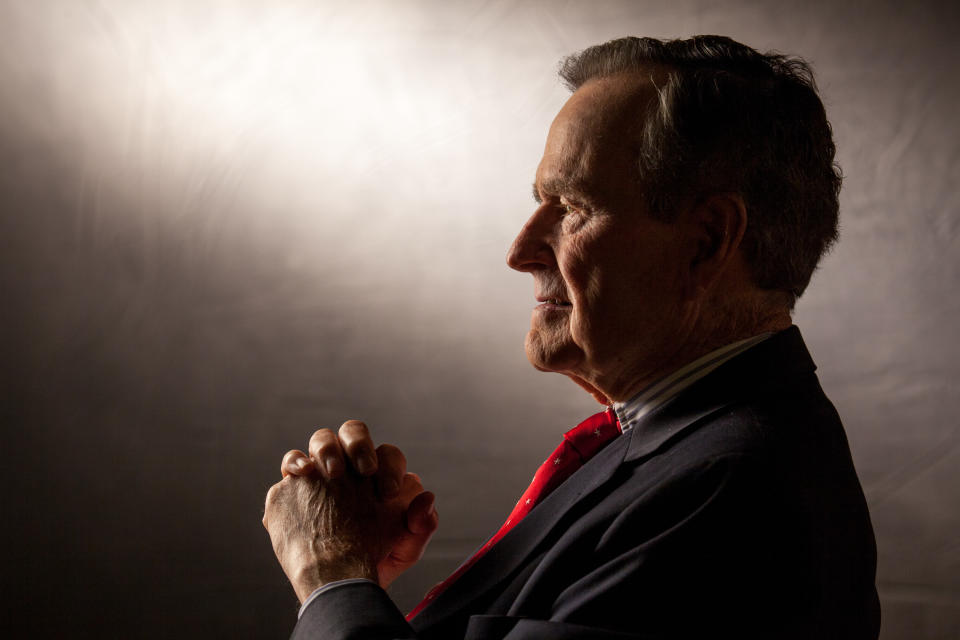 Former President George H.W. Bush is interviewed for 'The Presidents' Gatekeepers' project about the White House Chiefs of Staff at the Bush Library, October 24, 2011, in College Station, Texas.