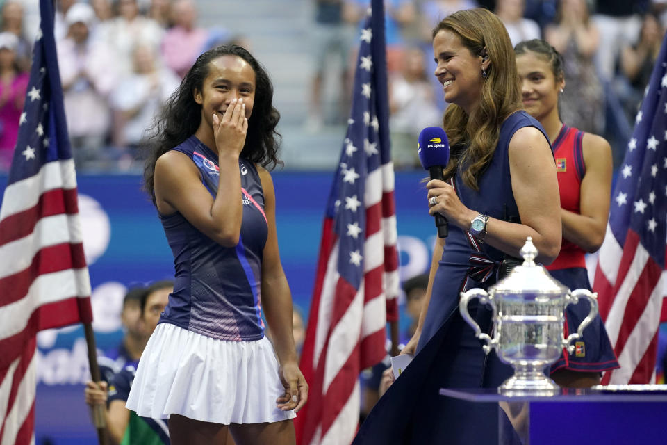 Leylah Fernandez, of Canada, reacts while answering questions after losing to Emma Raducanu, of Britain, during the women's singles final of the US Open tennis championships, Saturday, Sept. 11, 2021, in New York. (AP Photo/Seth Wenig)