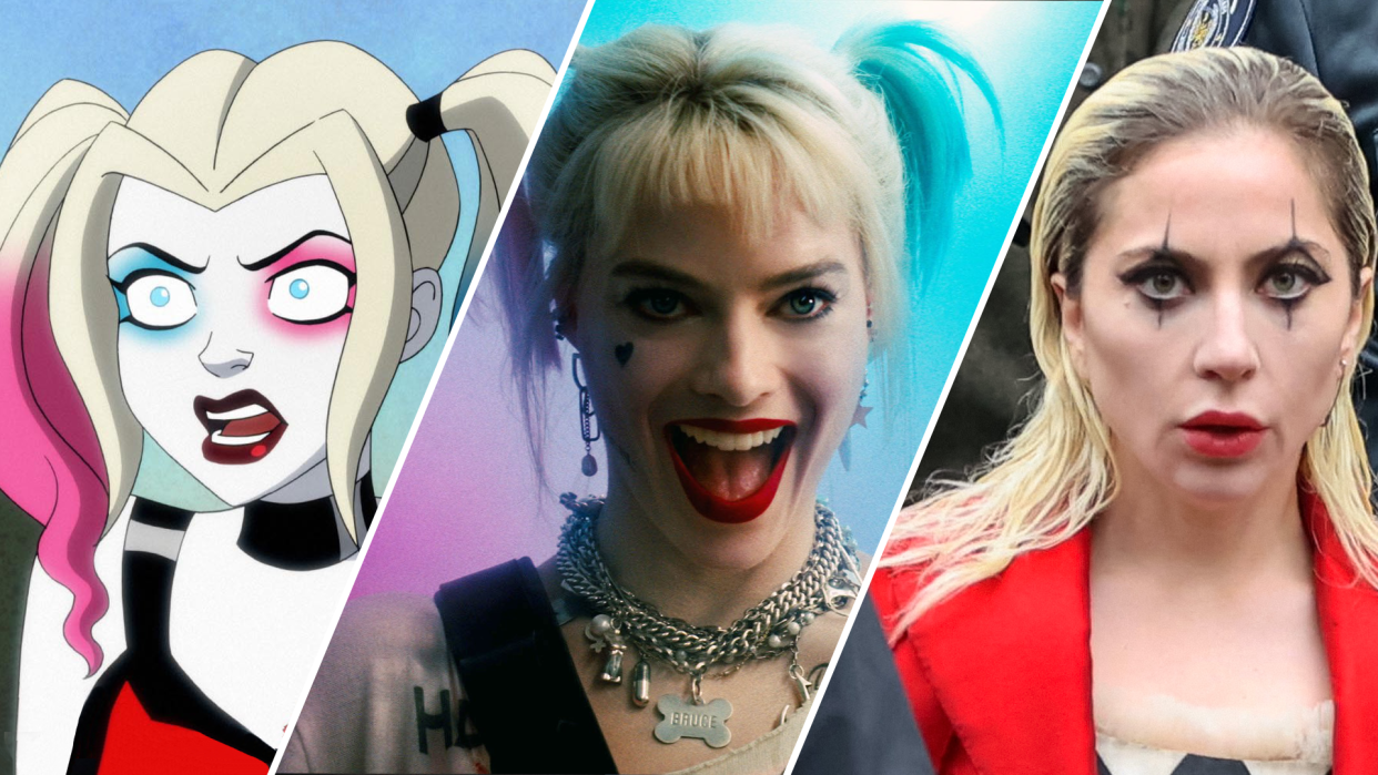 From l to r: The three face of Harley Quinn. Kaley Cuoco voices the animated version on Max, Margot Robbie is in the DC Extended Universe, and Lady Gaga joins the Joker-verse. (Photos Courtesy of Everett Collection and Getty)