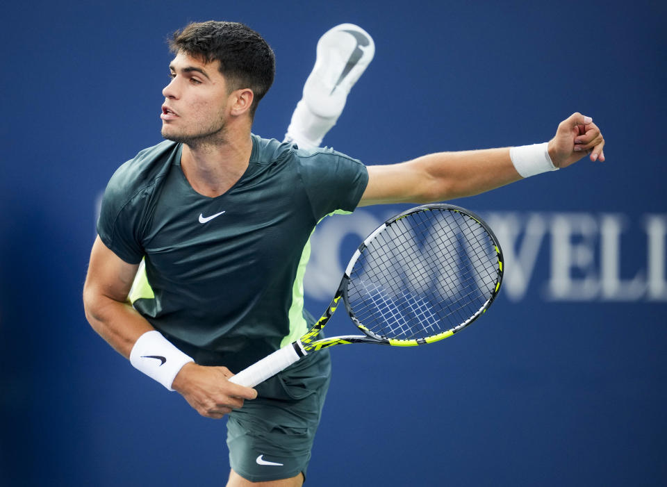 Spain's Carlos Alcaraz watches a serve to United States' Ben Shelton during the National Bank Open men’s tennis tournament Wednesday, Aug. 9, 2023, in Toronto. (Mark Blinch/The Canadian Press via AP)