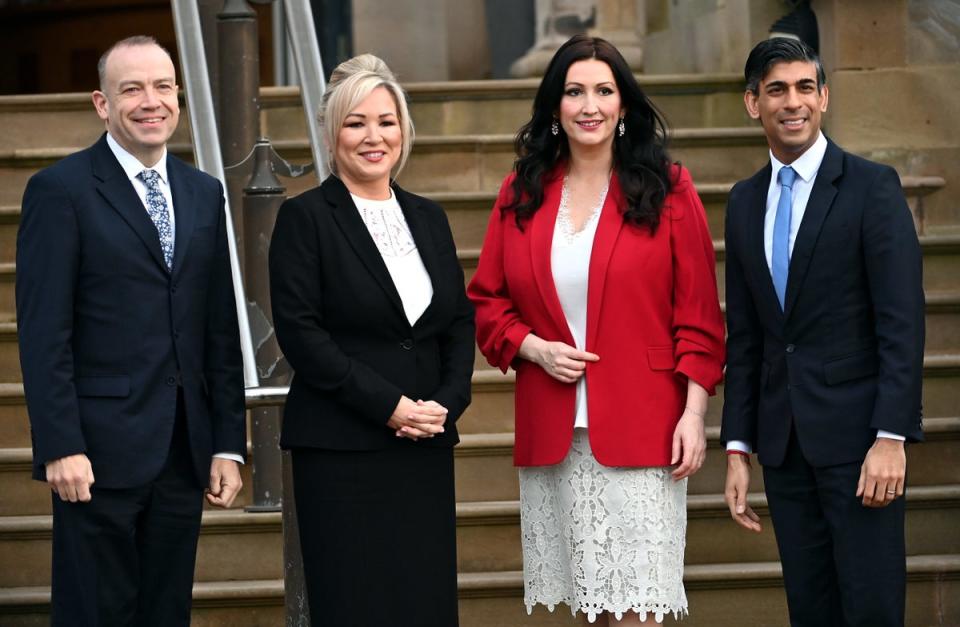 NI secretary Chris Heaton-Harris, first minister Michelle O’Neill, deputy first minister Emma Little-Pengelly and Rishi Sunak at Stormont Castle (PA)