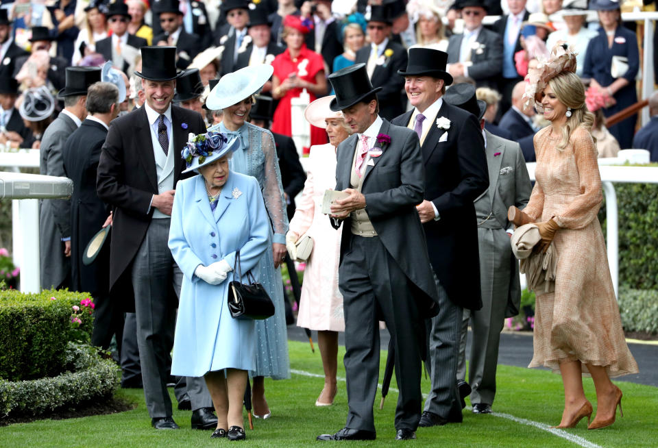 The Duke of Cambridge (left), the Duchess of Cambridge, Queen Elizabeth II, the Duchess of Cornwall, King Willem-Alexander of the Netherlands and Queen Maxima of the Netherlands attending day one of Royal Ascot at Ascot Racecourse.