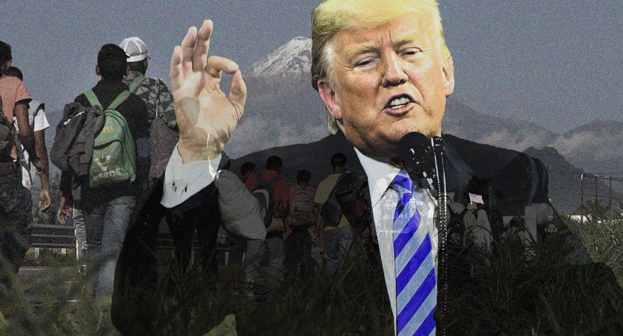 Donald Trump and the migrant caravan. (Photo illustration: Yahoo News: photos: Marco Ugarte/AP, AP)