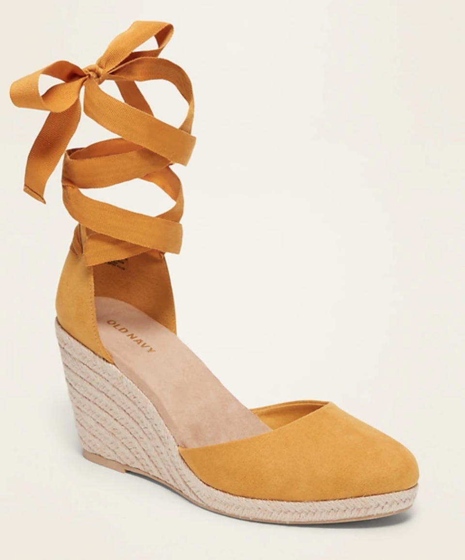 Faux-Suede Strappy Lace-Up Espadrille Wedge Shoes. Image via Old Navy.