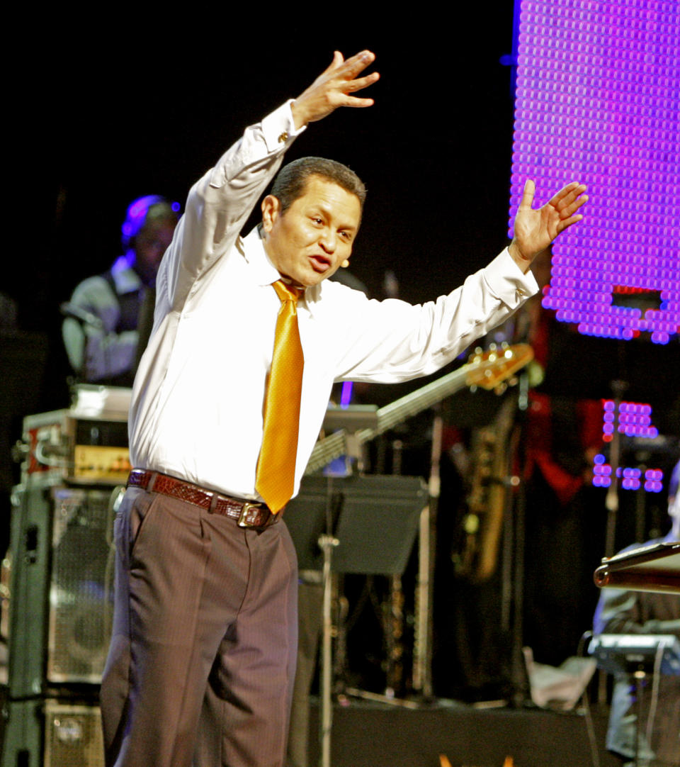 Guillermo Maldonado, pastor of King Jesus International Ministry Church, speaks to the crowd, Friday, October 9th, 2009 in Miami. Maldonado will host President Donald Trump at a rally this week. He is guaranteeing that parishioners who entered the U.S. illegally won't risk deportation by attending. (Charles Trainor Jr./The Miami Herald via AP)