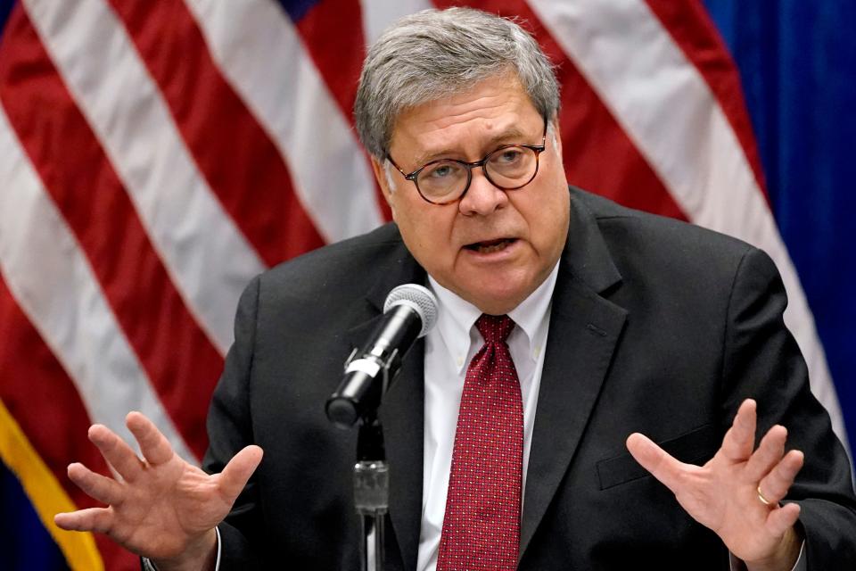 Attorney General William Barr on Oct. 15, 2020, in St Louis.
