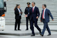 U.S. Senators John Thune (R-SD) and Ted Cruz (R-TX), (R), walk to a Senate caravan bus from Capitol Hill to attend a North Korea briefing at the White House, in Washington, U.S., April 26, 2017. REUTERS/Yuri Gripas