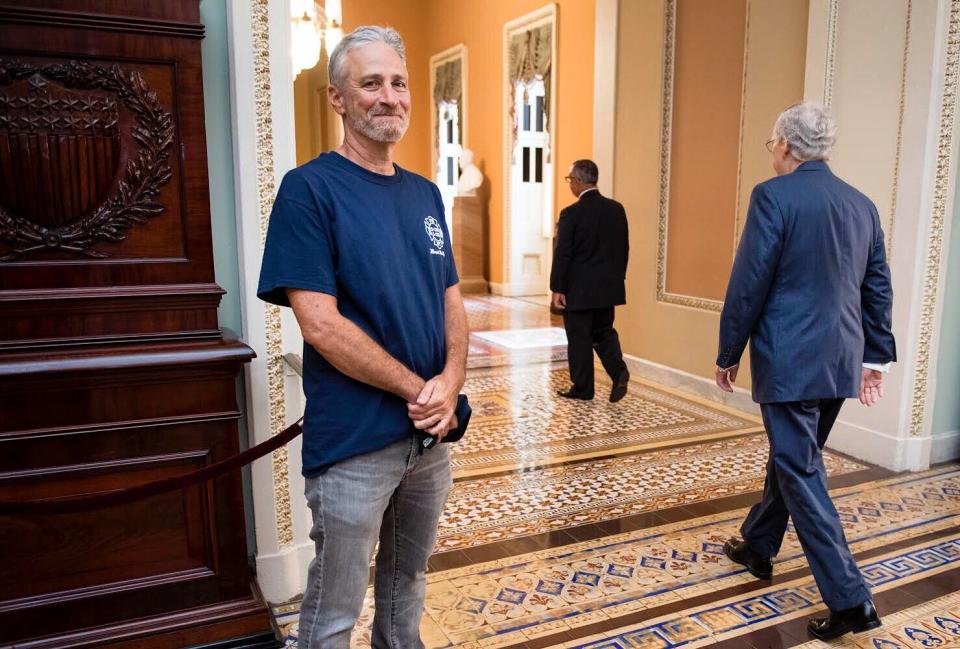 Viral photo of Jon Stewart and Mitch McConnell sums up the former "Daily Show" hosts's struggle to get the 9/11 Compensation Fund bill passed. (Photo: Bill Clark/Roll Call)