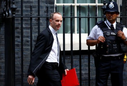 FILE PHOTO: Britain's Secretary of State for Exiting the European Union Dominic Raab leaves 10 Downing Street after attending the weekly cabinet meeting, in Westminster London, Britain, July 17, 2018. REUTERS/Henry Nicholls