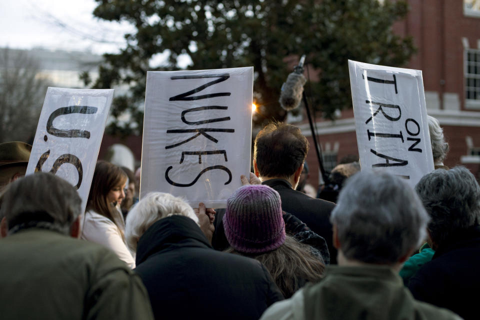 Supporters of Sister Megan Rice, Michael Walli, and Greg Boertje-Obed gather outside after the three were sentenced for their roles in a July 2012 break-in at the Y-12 National Security Complex in Knoxville, Tenn., Tuesday, Feb. 18, 2014. Sister Megan Rice, 84, was sentenced to nearly three years in prison and Michael Walli and Greg Boertje-Obed were sentenced to more than five years in prison. The break-in raised questions about the safekeeping at the facility that holds the nation's primary supply of bomb-grade uranium. (AP Photo/The Knoxville News Sentinel, Saul Young)