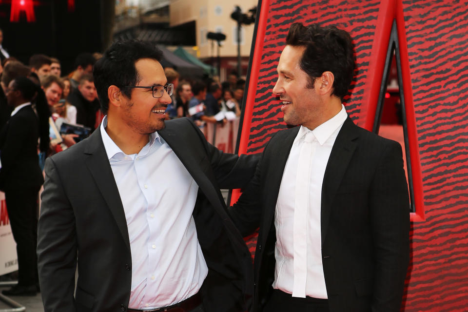 LONDON, ENGLAND - JULY 08:  Paul Rudd(R) and Michael Pena attend the European Premiere of Marvel's "Ant-Man" at Odeon Leicester Square on July 8, 2015 in London, England.  (Photo by David M. Benett/Dave Benett/WireImage)