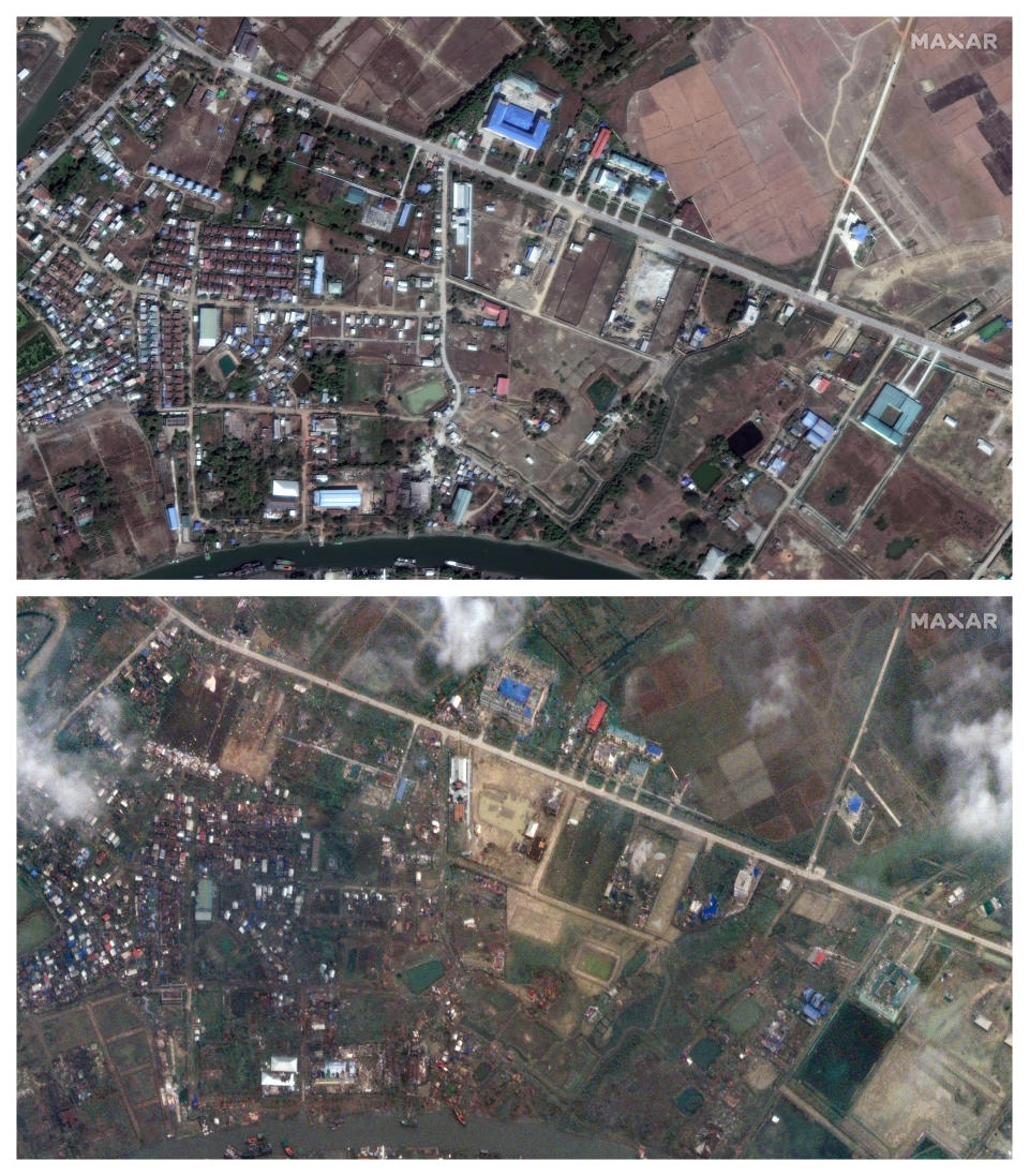 This combination of Feb. 17 and May 15, 2023 photos provided by Maxar Technologies shows Sittwe, Myanmar, before and after Cyclone Mocha made landfall in Rakhine state on Sunday, May 14, 2023. (Maxar Technologies via AP)