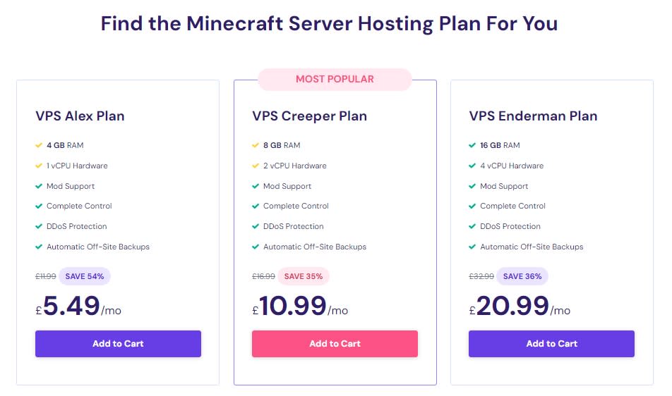 An image of Hostinger's Minecraft hosting plans