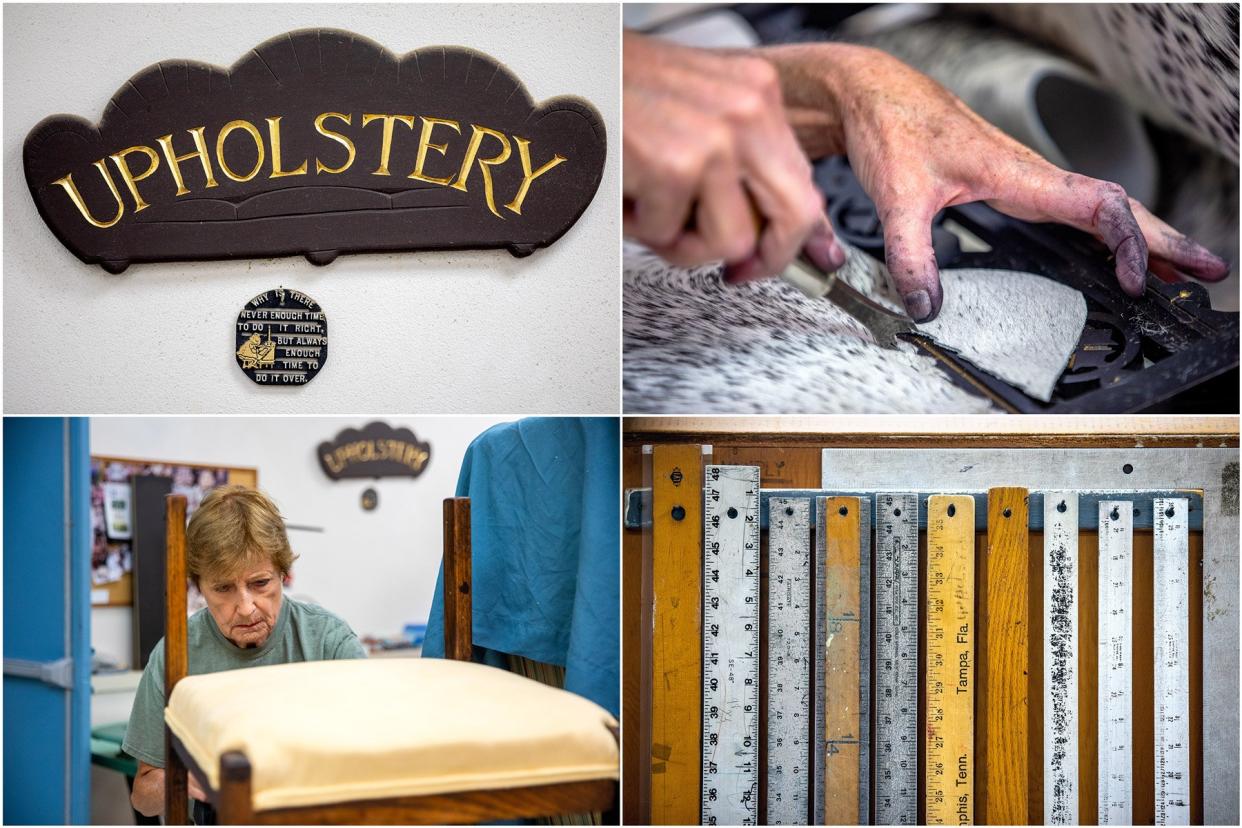 This grid of images shows an Upholstery sign, a woman cutting into a vintage chair, a woman working on a vintage chair and a set of used rulers. 
