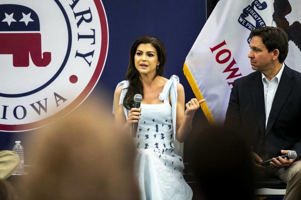 May 13, 2023; Cedar Rapids, IA, USA; Casey DeSantis, left, speaks about her husband Florida Gov. Ron DeSantis during an Iowa GOP reception, Saturday, May 13, 2023, at The Hotel at Kirkwood Center in Cedar Rapids, Iowa. Mandatory Credit: Joseph Cress-USA TODAY NETWORK