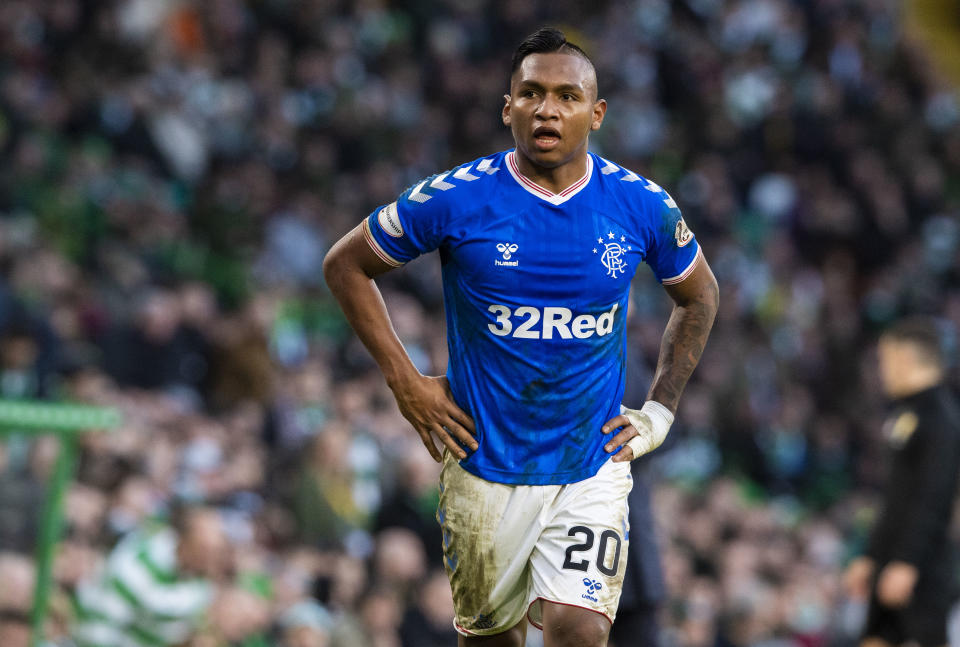 GLASGOW, SCOTLAND - DECEMBER 29: Alfredo Morelos in action for Rangers during the Ladbrokes Premiership match between Celtic and Rangers at Celtic Park on December 29, 2019 in Glasgow, Scotland. (Photo by Alan Harvey / SNS Group via Getty Images)