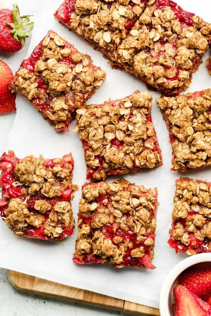 Strawberry oatmeal bars cut into slices.